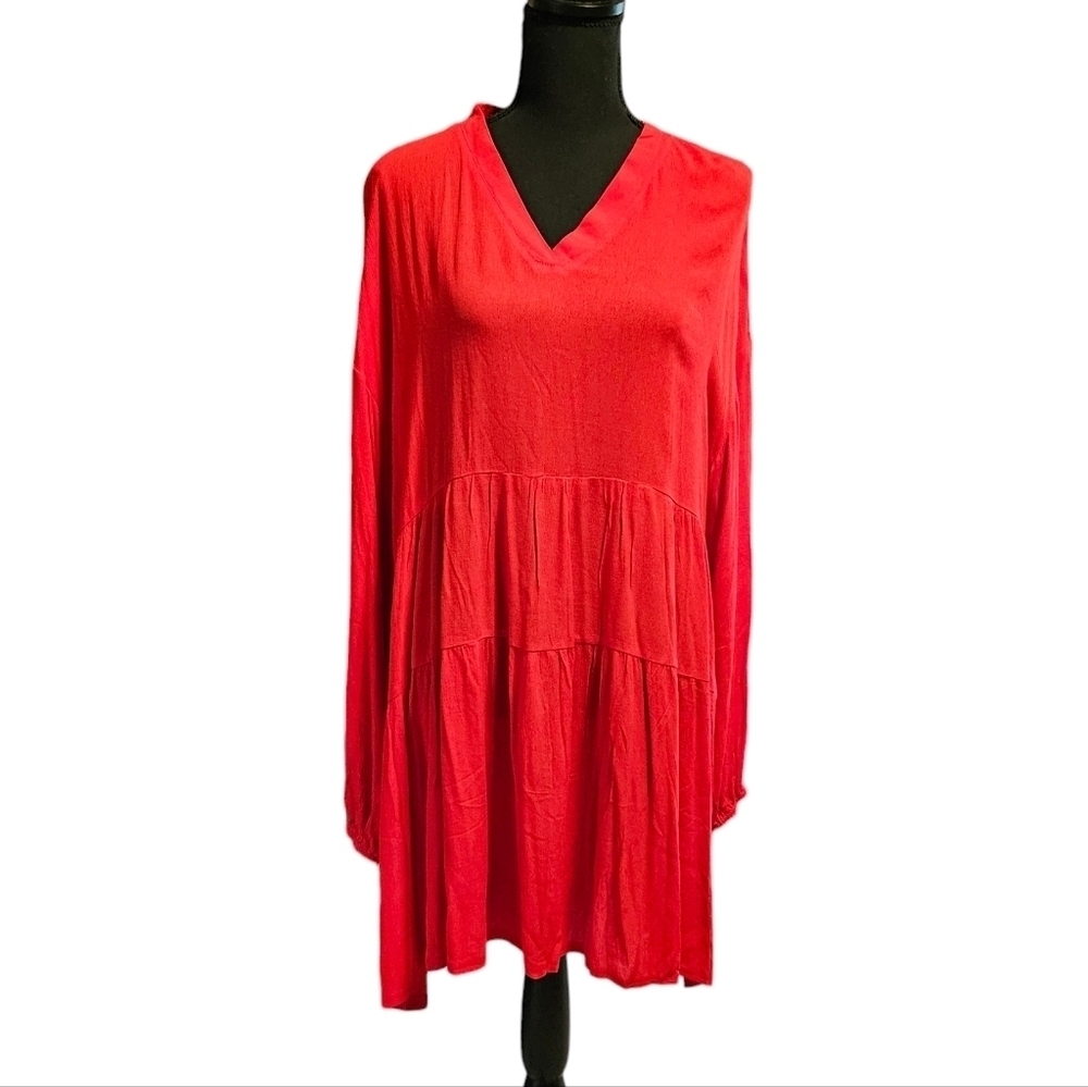 Tees2urdoor Rosie Tiered Ruffle Dress Red 100% Rayon V-neck Size M